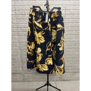 Time and Tru Navy Gold Floral Midi Skirt Elastic Wais Pockets Womens Large 12-14